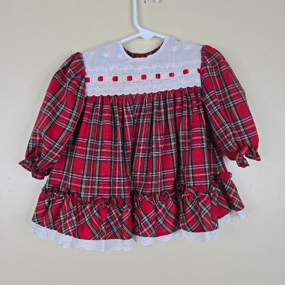Hi Girls Inc Vintage Tartan Dress With Apron Overlay & Ribbon Size 18m
